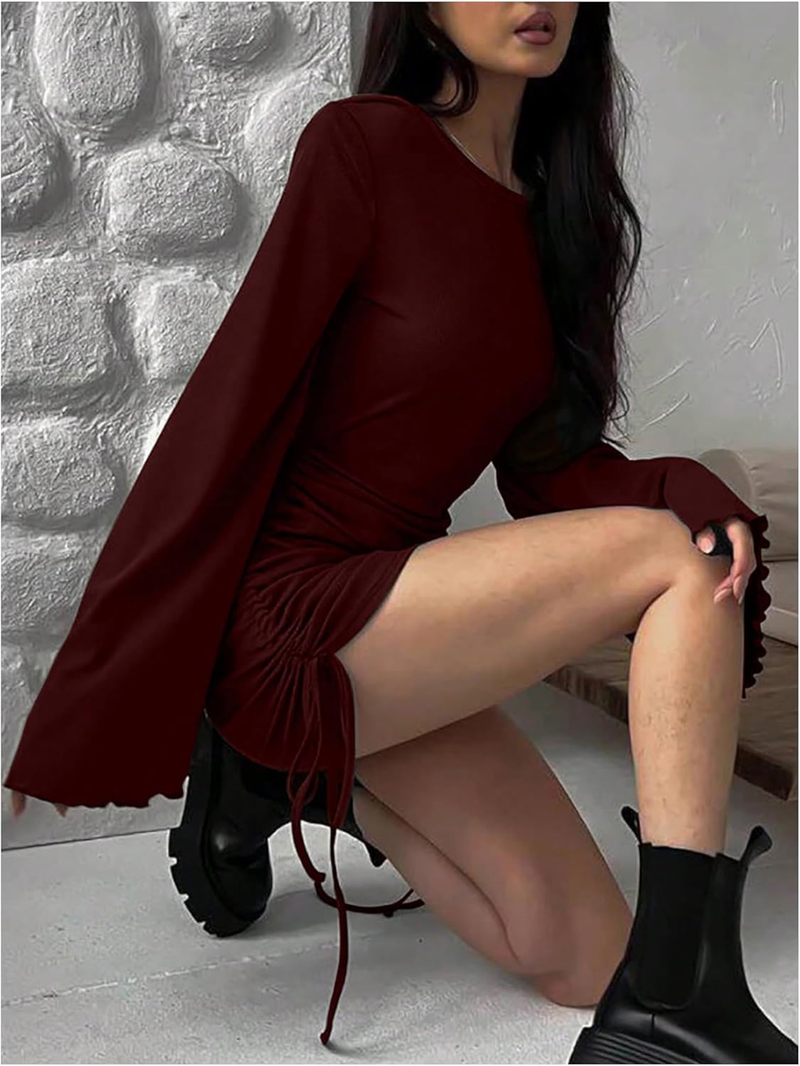 SHENHE Women's Bell Long Sleeve Ruched Bodycon Dress Sexy Party Holiday Mini Dresses - Image 3