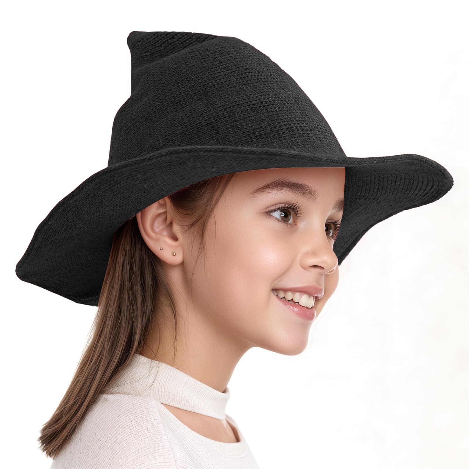 JIAHG Halloween Kids Witch Hat Pointed Top Wide Brim Wool Knit Witch Wizard Hat for Boys Girls Cosplay Costume Accessory (Black) - Image 3