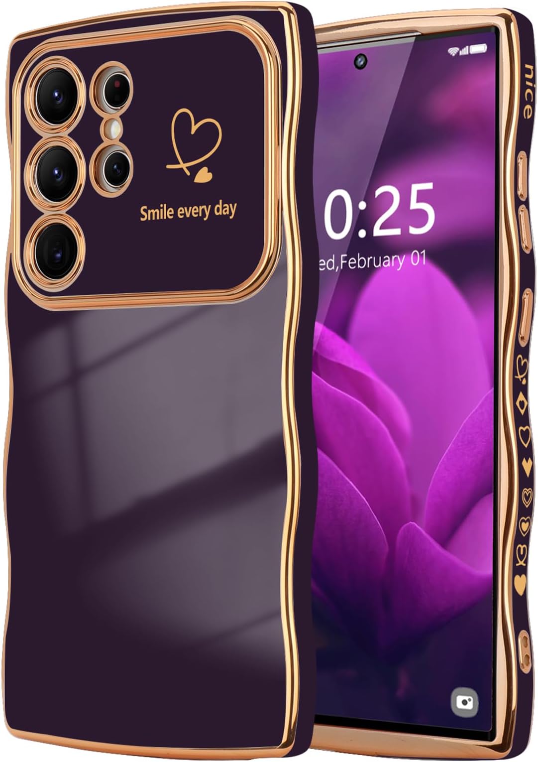 for Samsung Galaxy S24 Ultra Case,Cute Wave Frame Curly Shape Love Heart Phone Case for Women Girls,Luxury Plating Shockproof Protection Cover for Samsung S24 Ultra,Dark Purple