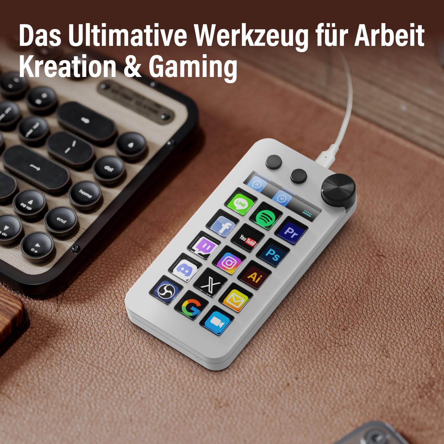 TreasLin N1 3-in-1 Macro Keypad:15 LCD Keys,Numpad& Calculator-Programmable Stream Controller Deck&Studio Controller for Streaming,Work,Gaming(Mac 14.0+/Win10+)-White