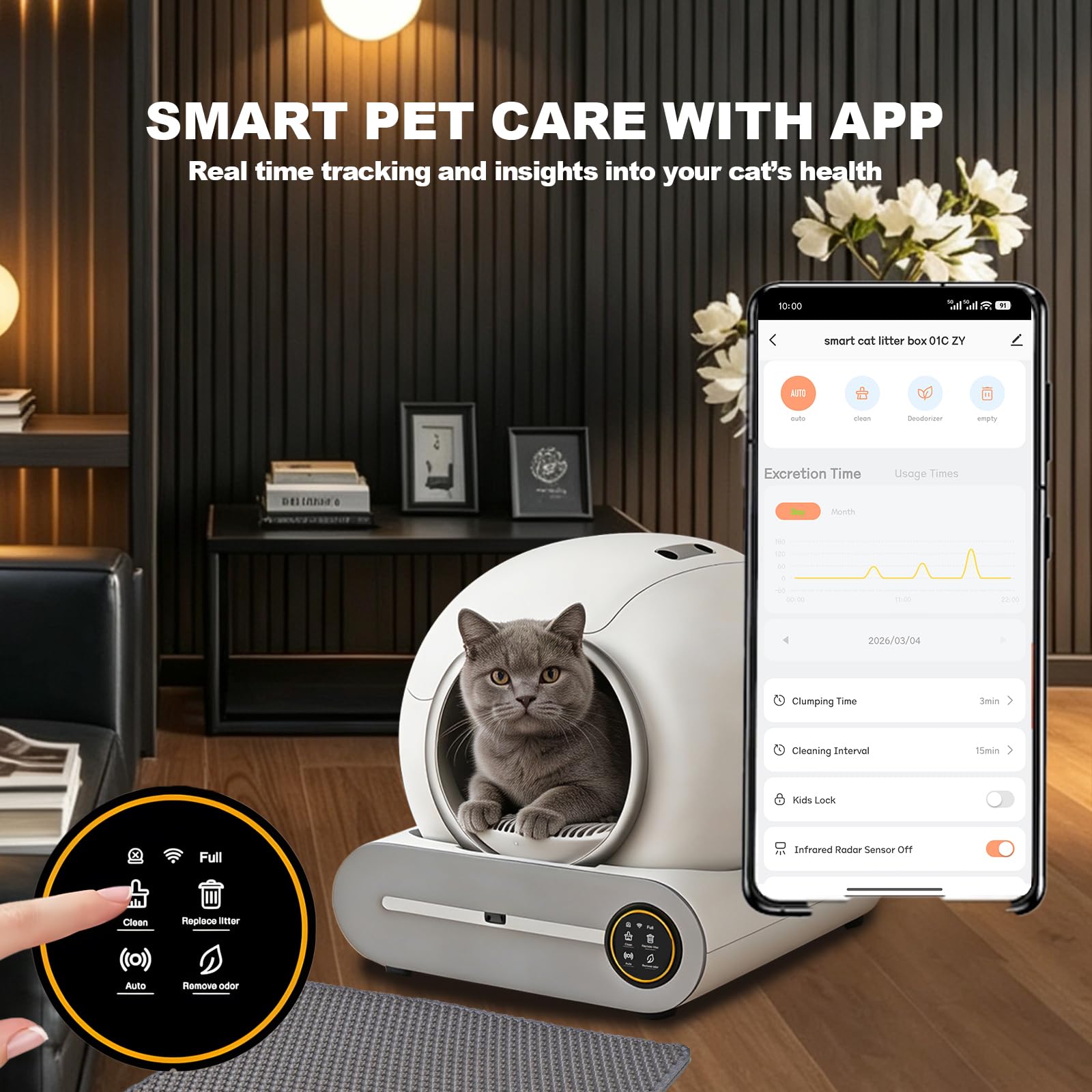 Lettiera Autopulente Per Gatti xxl 74L Lettiera Gatto Autopulente Automatica, Deodorante Ionico, Smart Health Monitor, Comando APP con tappetino e Sacchetti(Bianco A)