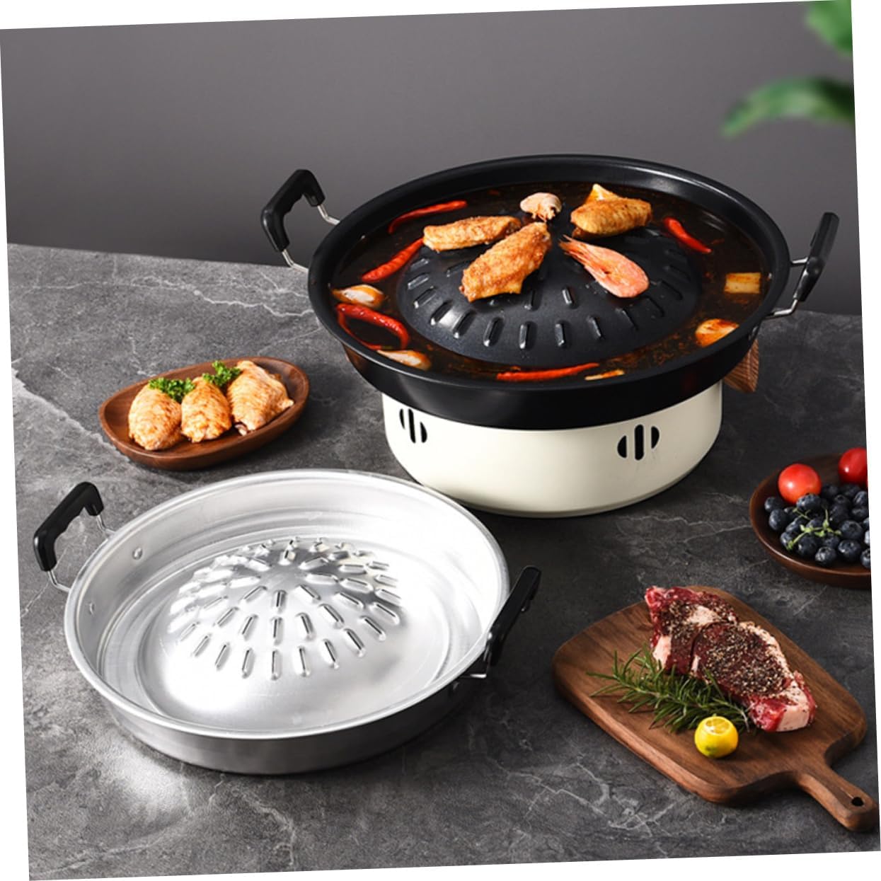 Multi Function Iron Bbq Grill Pan Round Camping Barbecue Tray with Handle Heat Resistant Reusable Grilling Pan for Meat and Vegetables Outdoor Cooking Supply