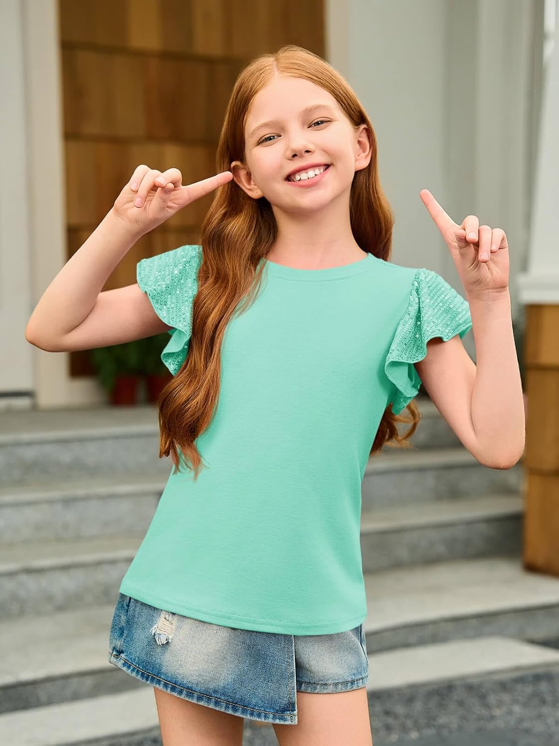 Haloumoning Girls Ruffle Short Sleeve T Shirts Sequin Casual Cute Crewneck Tops Blouses 5-14Y - Image 3