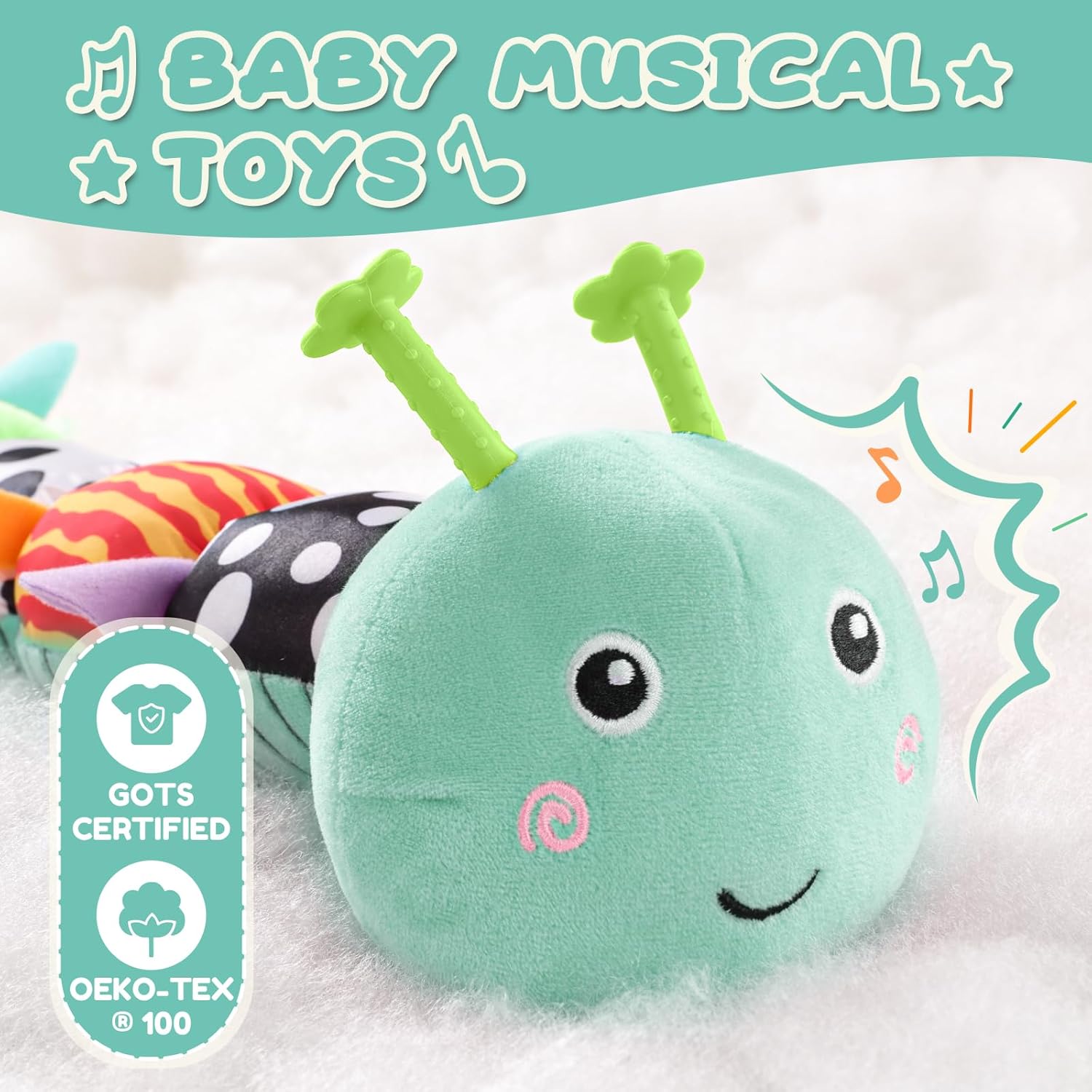 AWOTOY Baby Toys 0-6-12 Months,Musical Caterpillar Stuffed Animals Activity Infant Toys with Crinkle,Rattles,Mirror&Pull String,Muti-Sensory Toys Gifts for Newborn Tummy Time,Mint Blue|Leafy