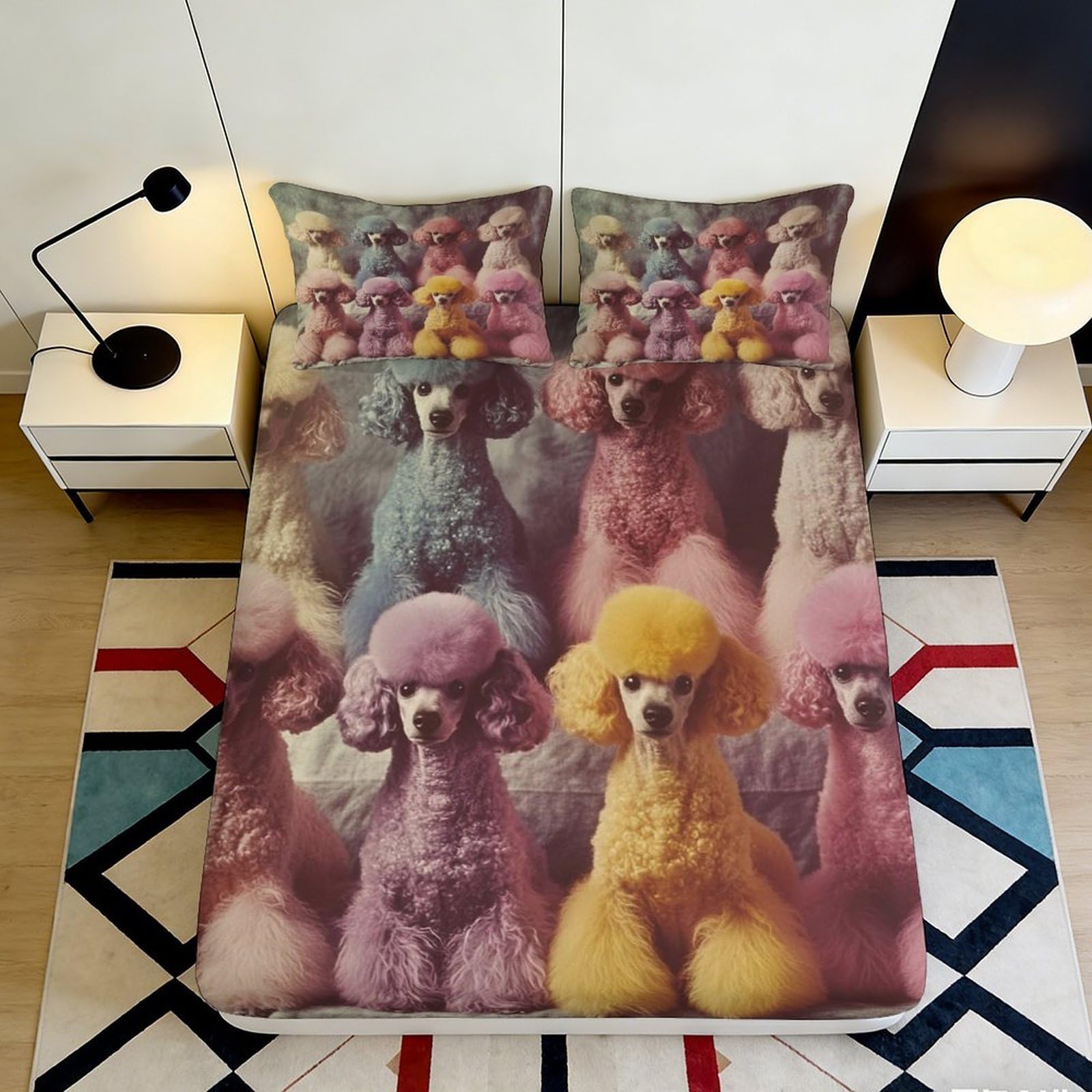 3D Printed Colorful Poodle Fitted Sheet Microfiber Anti-Slip Pastel Dog Mattress Cover Washable for Bedroom Dorm Decor 160x200x25cm