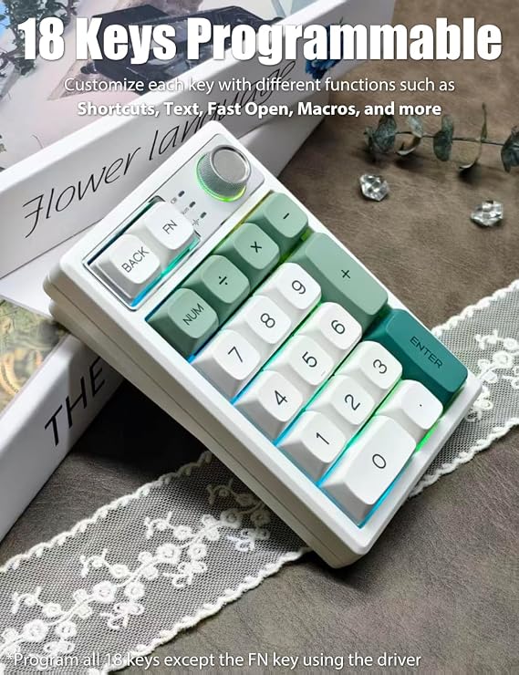 Gasket Creamy Mechanical Numpad Programmable Macro Keypad Wireless 2.4G/Bluetooth 5.0/Wired USB-C RGB Backlit Hot Swappable Number Pad Rechargeable Numeric Keyboard Metal Knob, Botanic Garden