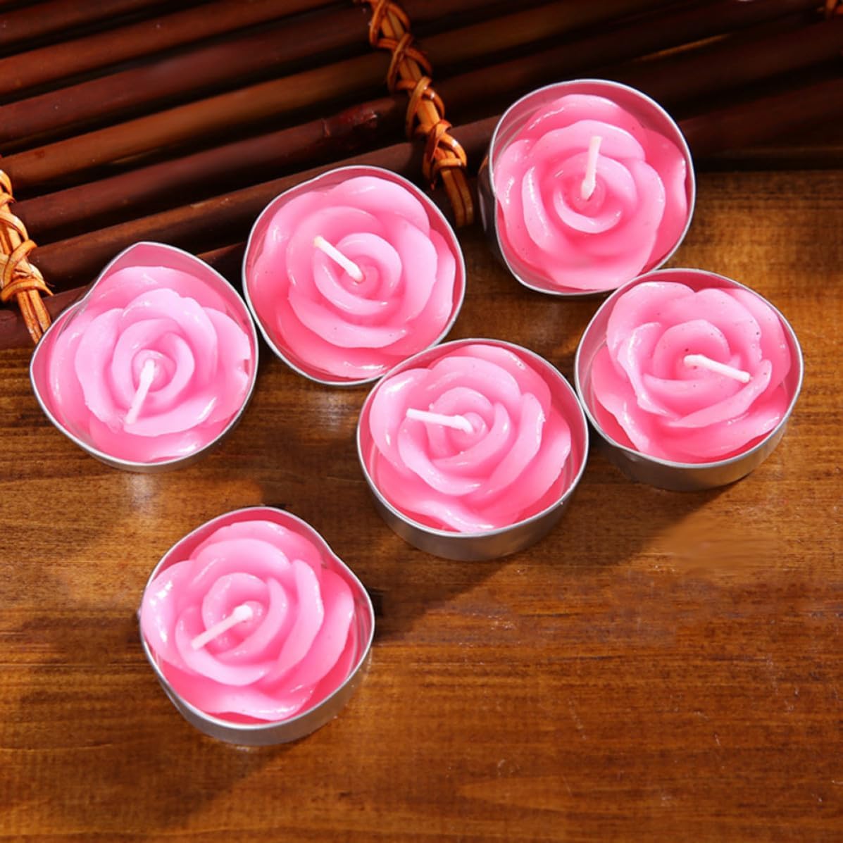 12 Pcs Pink Rose Flower Floating Candle, Paraffin Wax, Unscented