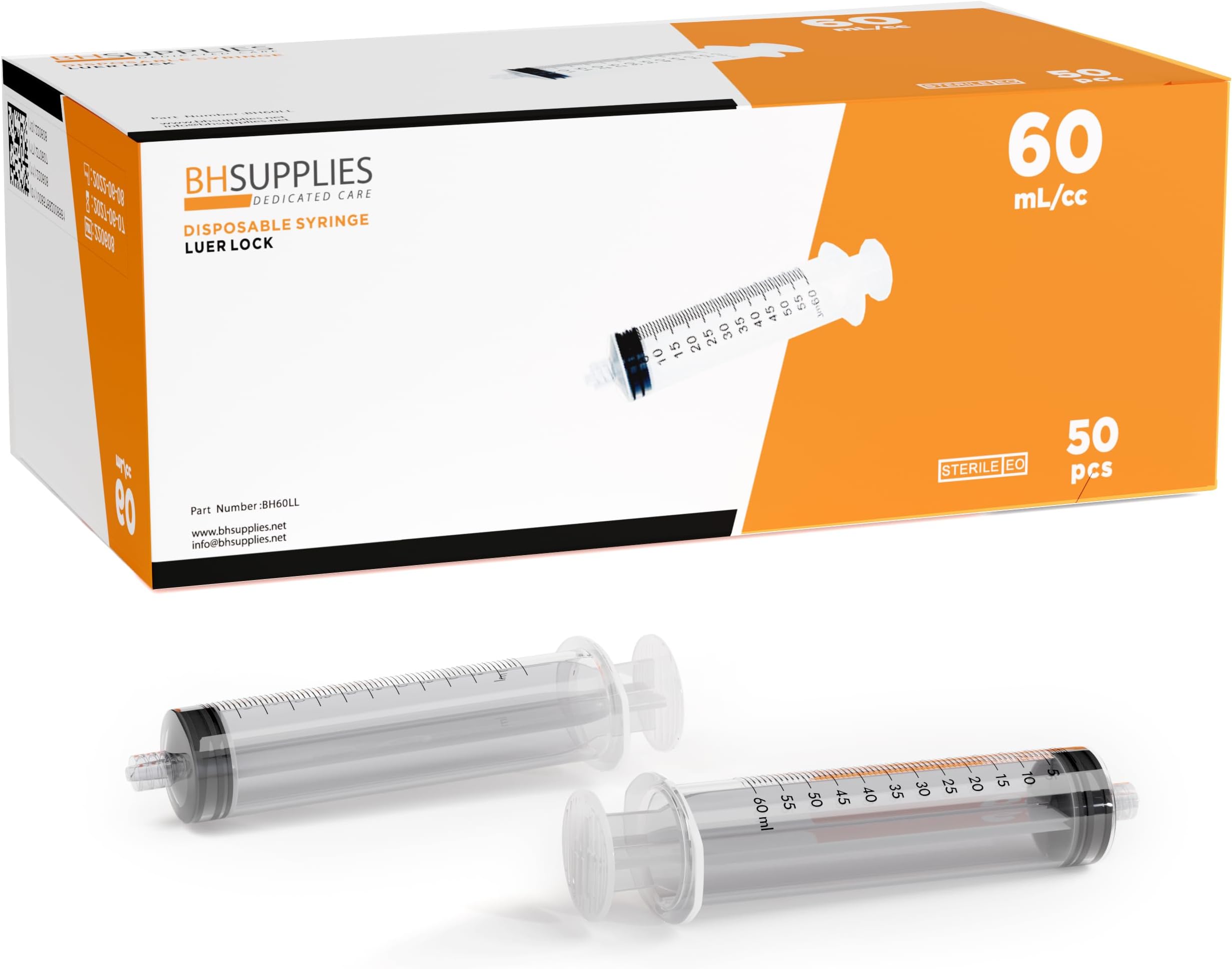 BH Supplies 60ml Luer Lock Tip Syringes (No Needle) - Sterile, Individually Wrapped - 50 Syringes