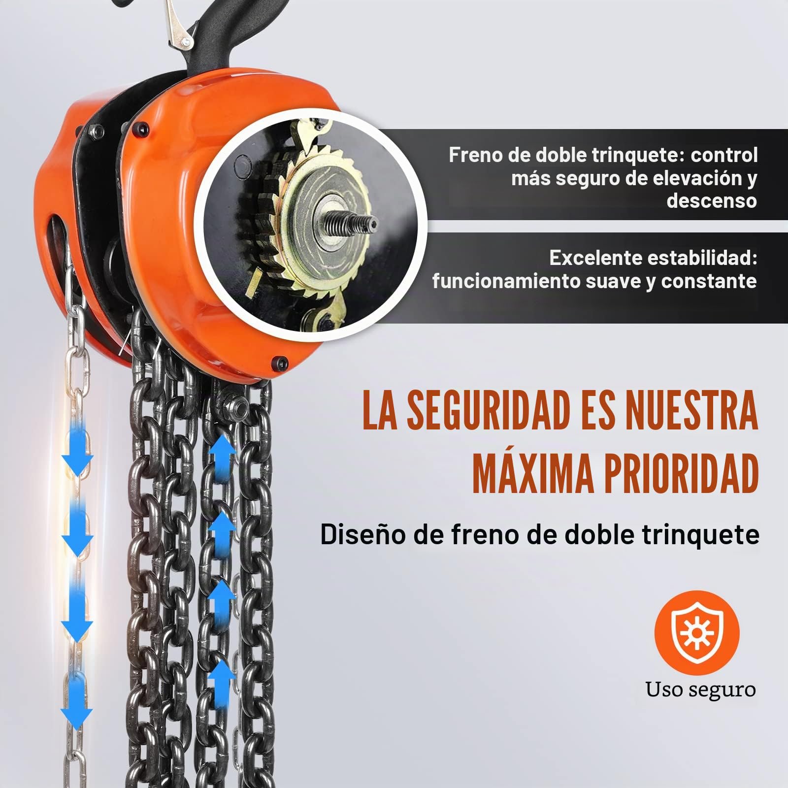 VEVOR Polipasto de Cadena Manual 3 T Polipasto de Cadena con Gancho de Bloque de 360° Altura de Elevación 2,8 m Acero Aleado G80 Guía de Cadena con Freno de Doble Trinquete para Garajes de Mercancías