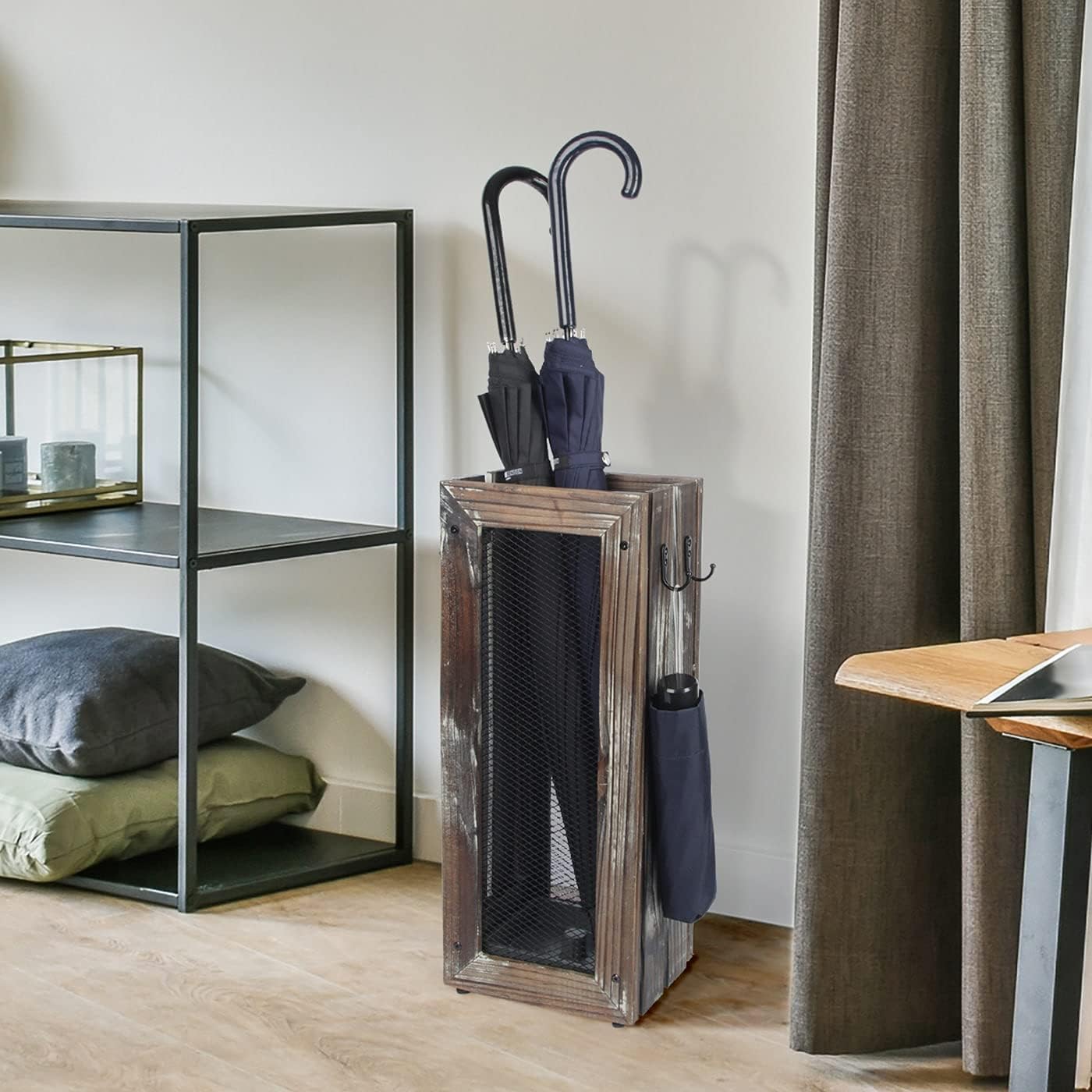 J JACKCUBE DESIGN Rustic Umbrella Holder with 4 Hooks, Wooden Rectangular Umbrella Stand Bucket Bin with Side Hangers for Entryway Home Office - MK703B (Rustic Wood)