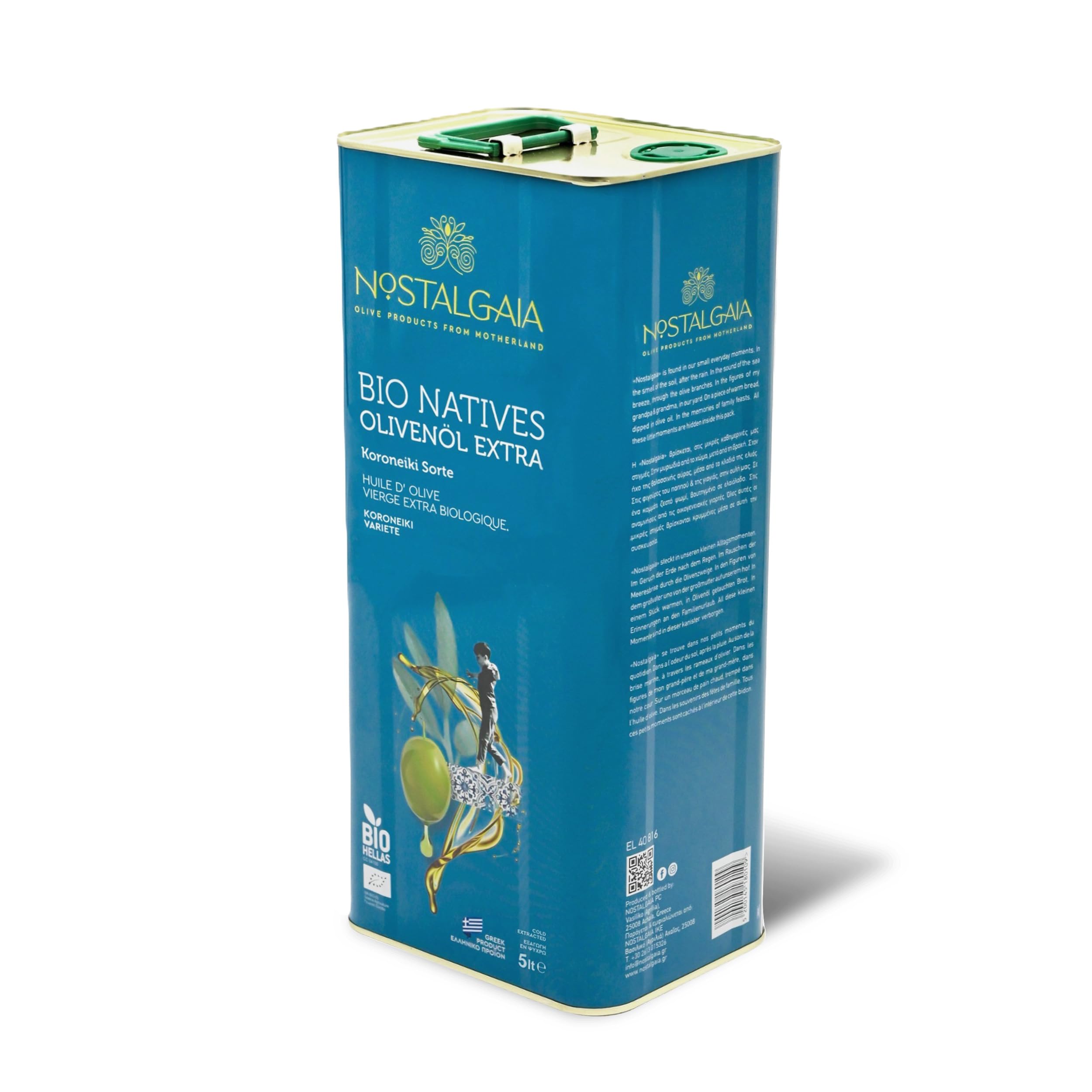 NOSTALGAIA 5 Litres Bio Huile d'Olive Vierge Extra Grecque – 100% Koroneiki, Extraite à Froid, Riche en Polyphénols, Récolte Fraîche 2025/2026, Qualité Supérieure, Bidon de 5L