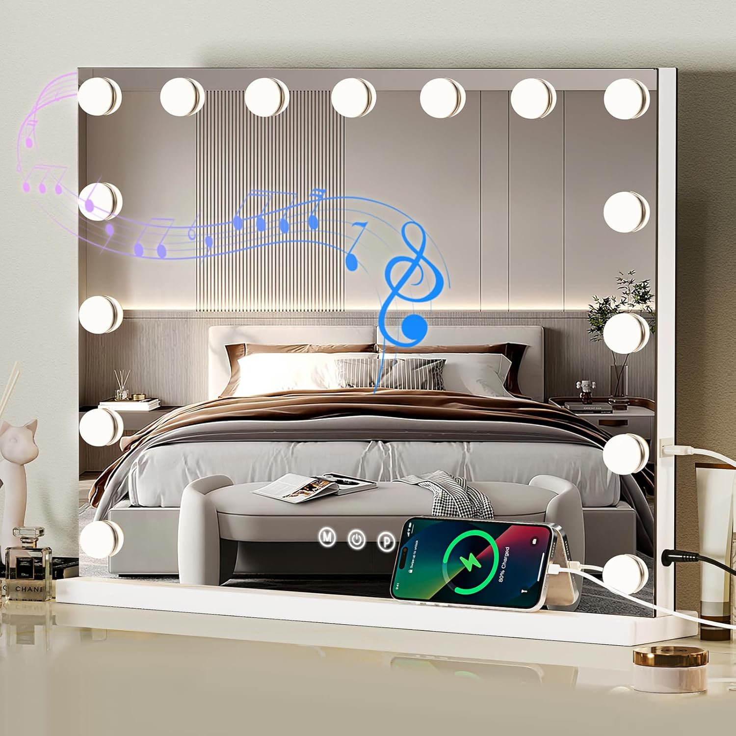 Vanity Mirror with Lights and Bluetooth, 23"X18" Hollywood Mirror for Desk/Wall-Mount, 3 Color Modes Light up Mirror with 15 LED Bulbs USB Charging Port and 10X Magnification, Gifts for Women