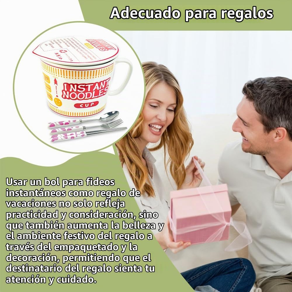 Tazón de Fideos Ramen Cuenco de Cerámica para Ramen con Tapa 1000ml Cuenco Fideos Instantáneos con Set de Cuchillo Tenedor y Cuchara Tazón de Sopa con Asa para Ramen Pasta Ensaladas Snacks