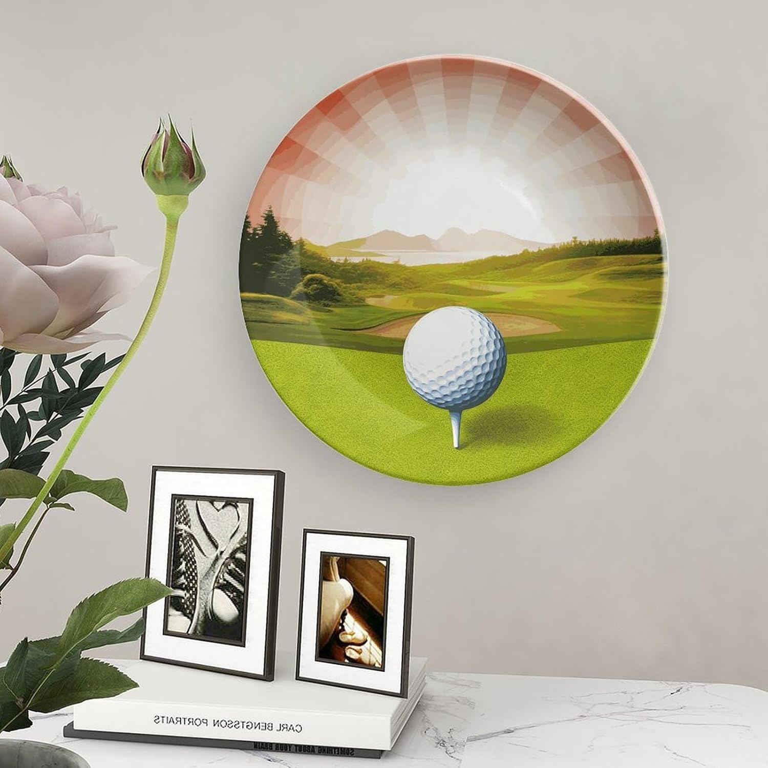 Golf Sport Bone China Decorative Plate with Display Stand, Ceramic Ornaments Plate for Wall Hanging, Personalized Porcelain Plates for Office, Living Room 8inch