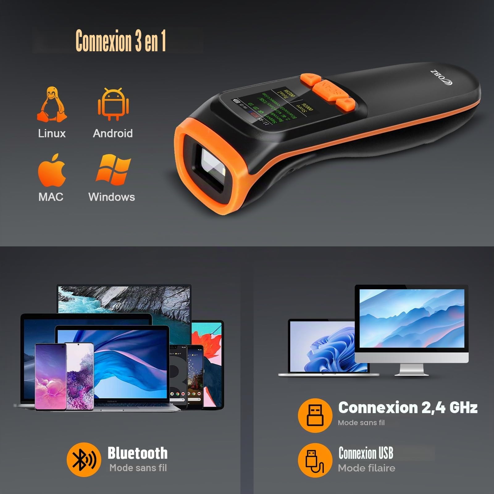 OBZ Lecteur de Codes-Barres sans Fil Grand Écran LCD, Scanner Bluetooth 2.4G/USB, Douchette QR Code 1D/2D, Configuration par Écran et Boutons, Mémoire Hors Ligne pour Inventaire, Magasin, Entrepôt