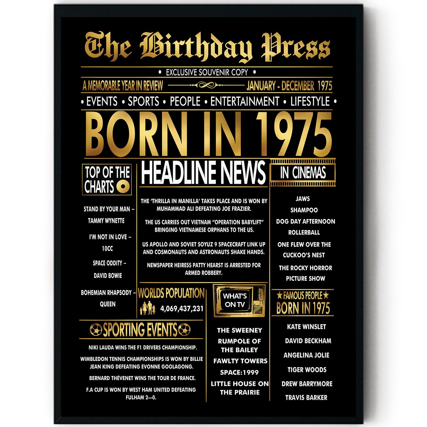 Stuff4 Gold 51st Birthday Poster Framed - Golden Born In 1975 Newspaper - Happy 51 Birthday for Men Women Retro Vintage Gifts Back In 1975, 8x10 Inch Bday Party Decor Decoration