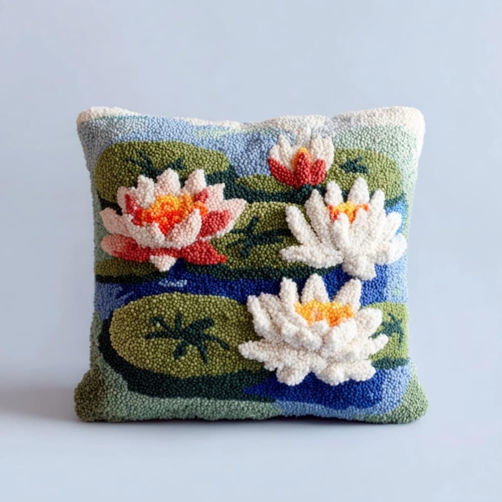 AxiangziK Latch Hook Pillow Craft Kit,Beautiful Lotus 43x43cm/17x17Inch,Complete Starter Kit for Beginners & Craft Enthusiasts