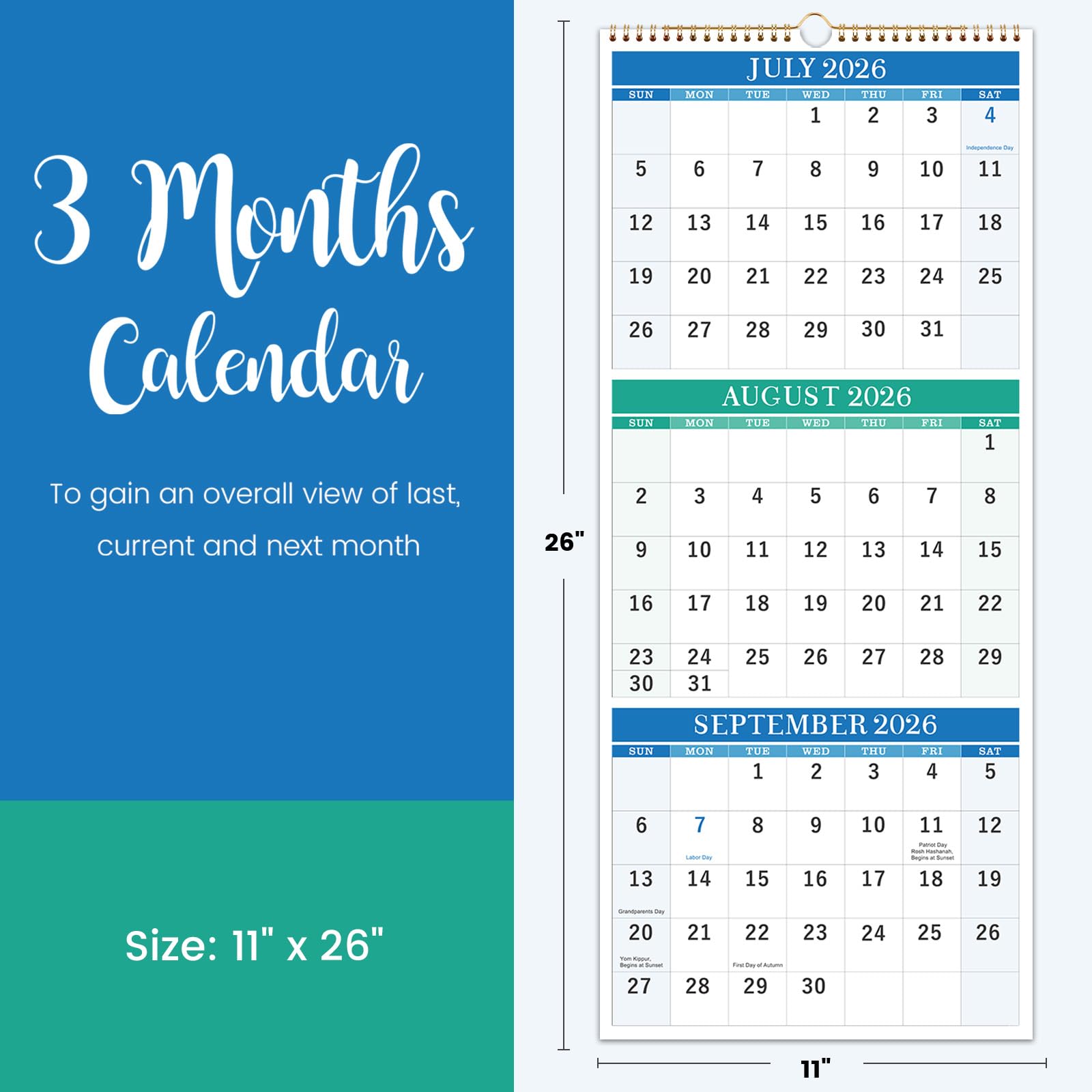 Wall Calendar 2026-2027 - 3 Month Calendar Vertical, July 2026 to