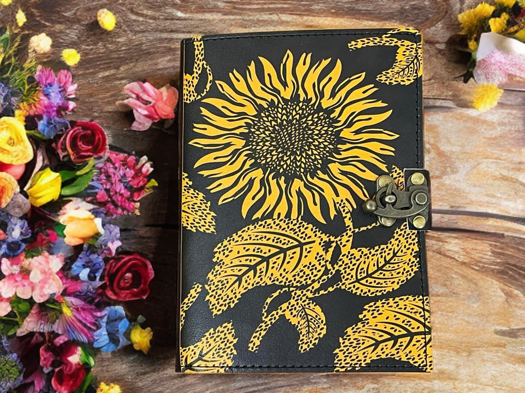 vintage sunflower leather journal Writing notebook embossed beautiful daily use book of shadows blank yellow with black unlined travel sketchbook with lock diary gift for women 7x5 inch