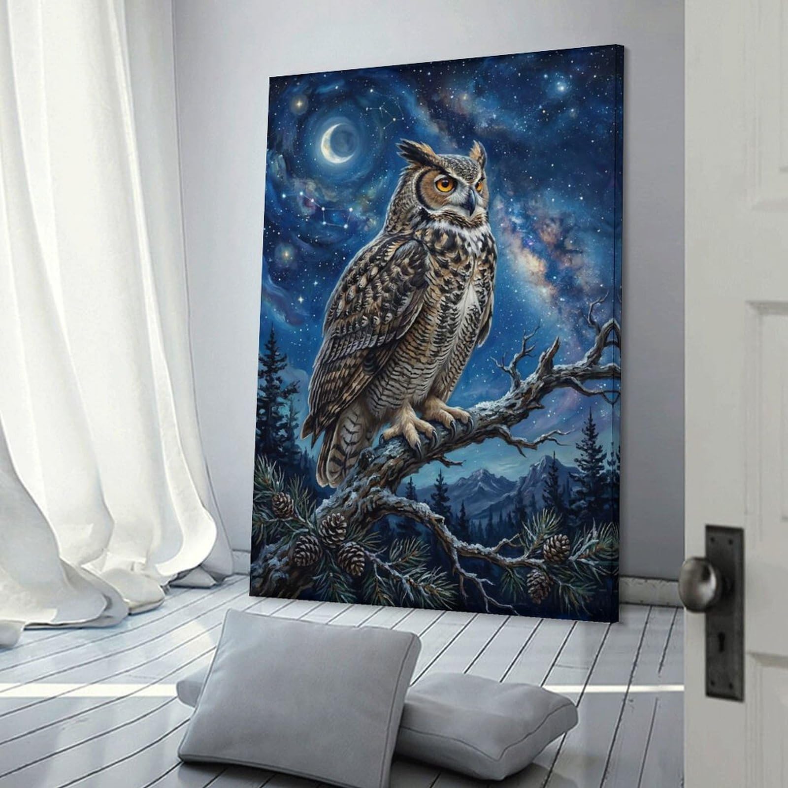 Junmoney Great Horned Owl in A Starry Night Home Decor Wall Art, 12x18inch(30x45cm), for Apartments, Flats Or New Home Decor, An Easy Choice for New Home Styling