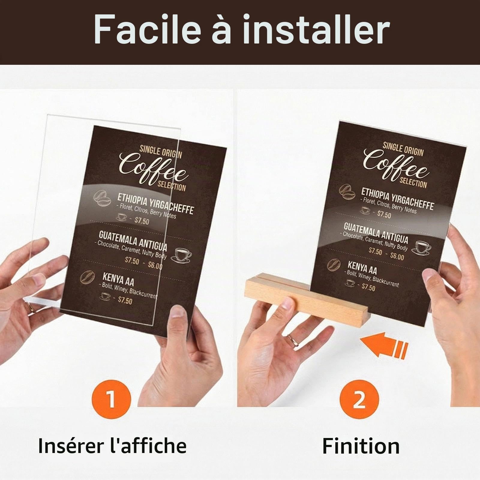 3 Pièces Porte Affiche A4 Presentoir A4 Transparent Support Affiche A 4 avec Base en Bois Présentoir de Table A 4 Porte Menu L&T 21 x 29,7cm pour Restaurants, Bureaux