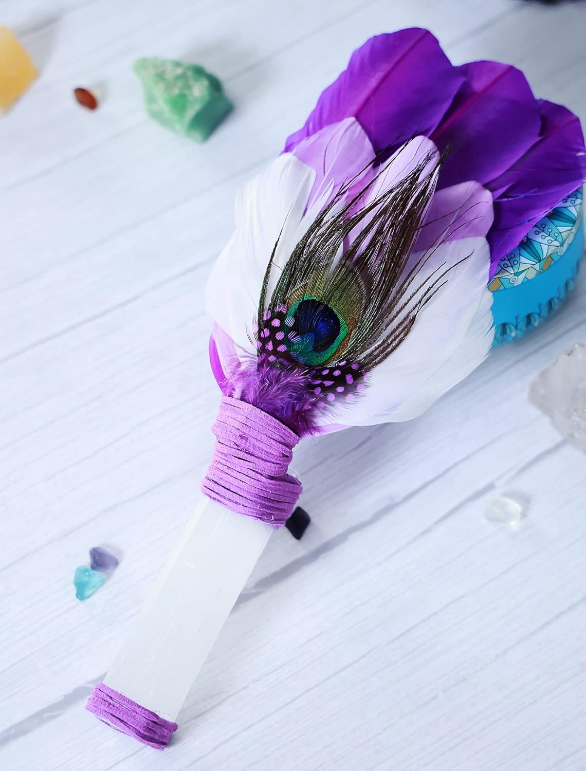 Witch's Wand Feather Smudge Wand Shaman Fan with Selenite Stick Handle and Fallen Feather for Energy Wand, Altar Ritual Wand, Banishing Wand, Pagan Altar, Ceremonial Fans, Celtic, Shamanic Tools