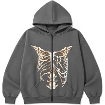 Skeleton Zip-Up Hoodie, Gothic Y2K Rib Cage and Spine Graphic