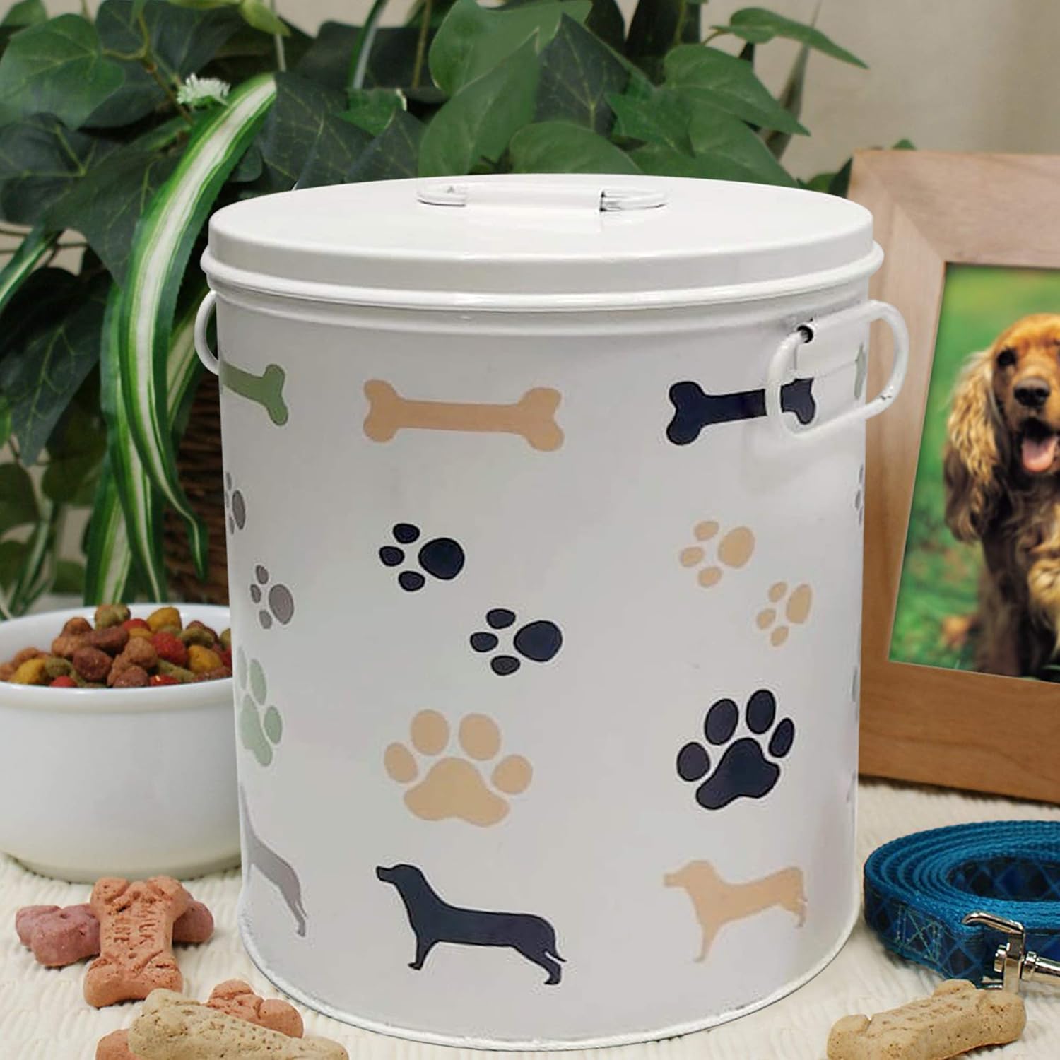 nu steel metal White 3 Pc set Jumbo Pet Canister with bone, paw, dog prints, Dog Food Treat Storage Container Jar with Lid, Tight Fitting Lids for Dog Biscuit Cookies