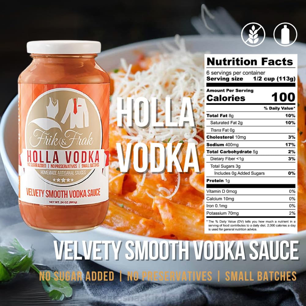 Holla! Vodka Pasta Sauce by Frik & Frak, No Sugar Added, No Preservatives, Gluten Free, 36 Month Shelf Life, Artisan Small Batch Crafted Pasta Sauces, 24 Oz Jar