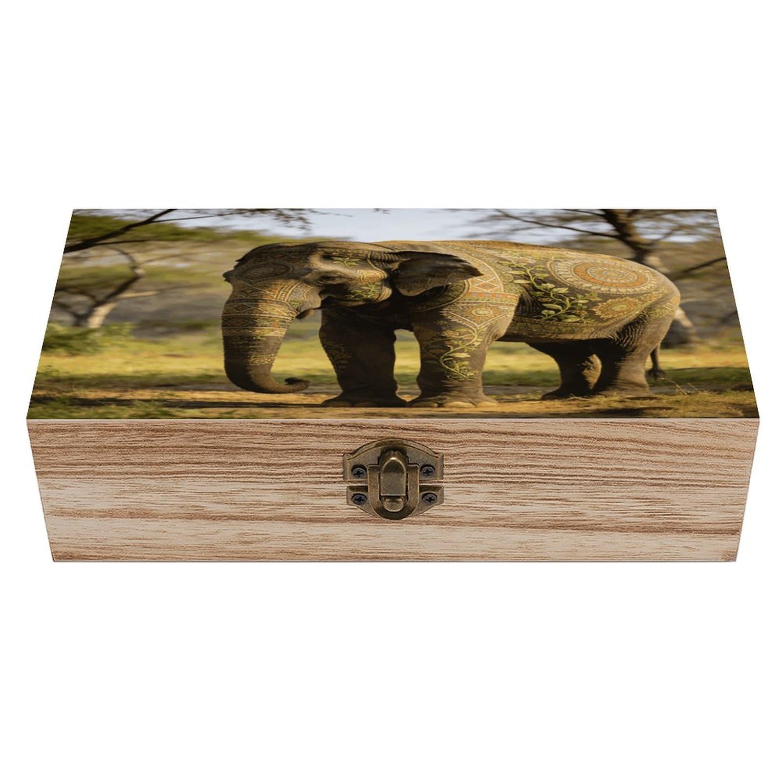 LZQPOEAS Decorative Patterned Elephant Wooden Keepsake Box Wooden Storage Box Container with Hinged Lid Beautiful Wood Memory Box Decorative Jewelry Case for Crafts Art Hobbies & Trinket Storage