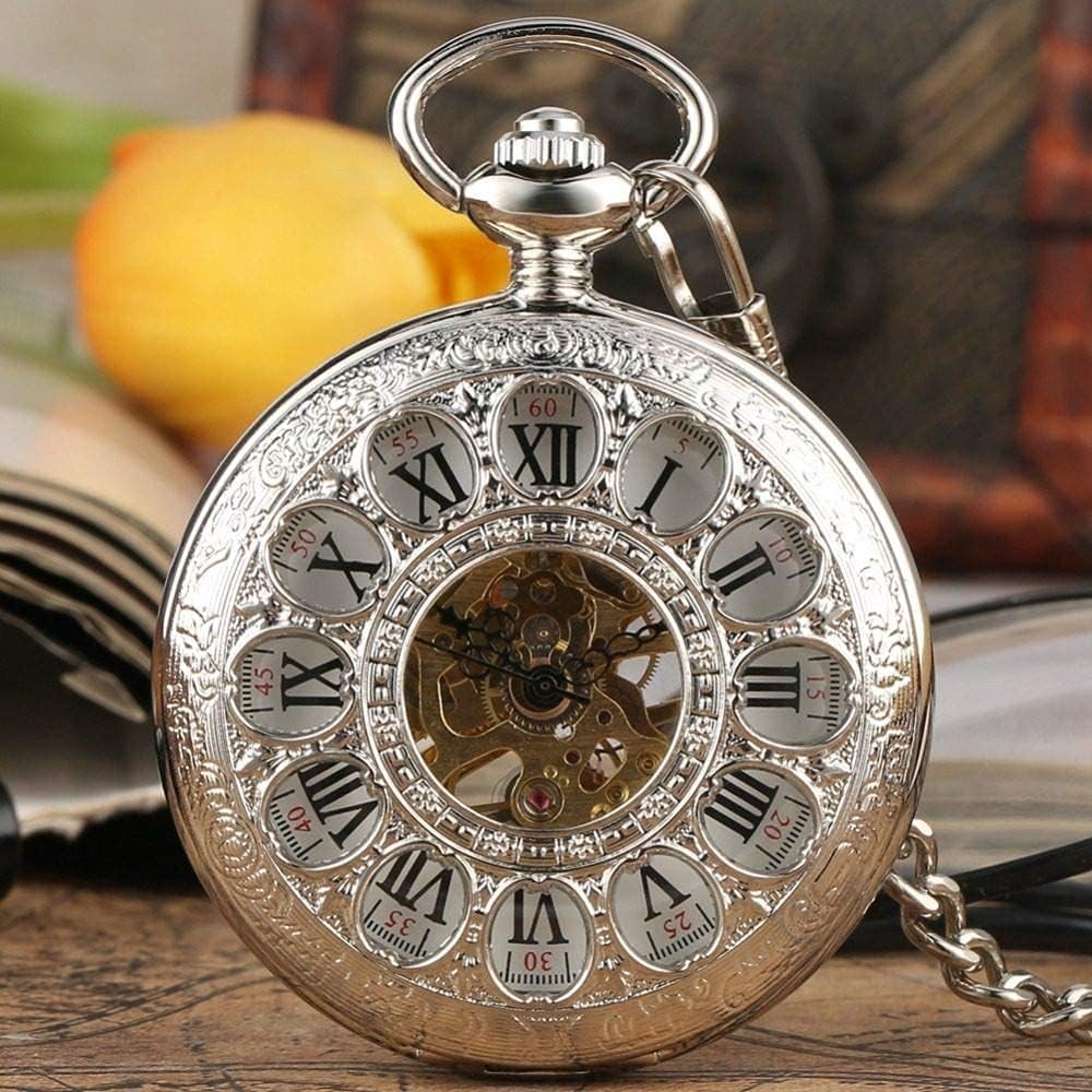 Vintage Pocket Watch for Men,Decorative Pocket Watch,Hollow Flowers MechanicalHand-Wind Retro Exquisite Roman Numerals Fob Pocket Watches with Chain