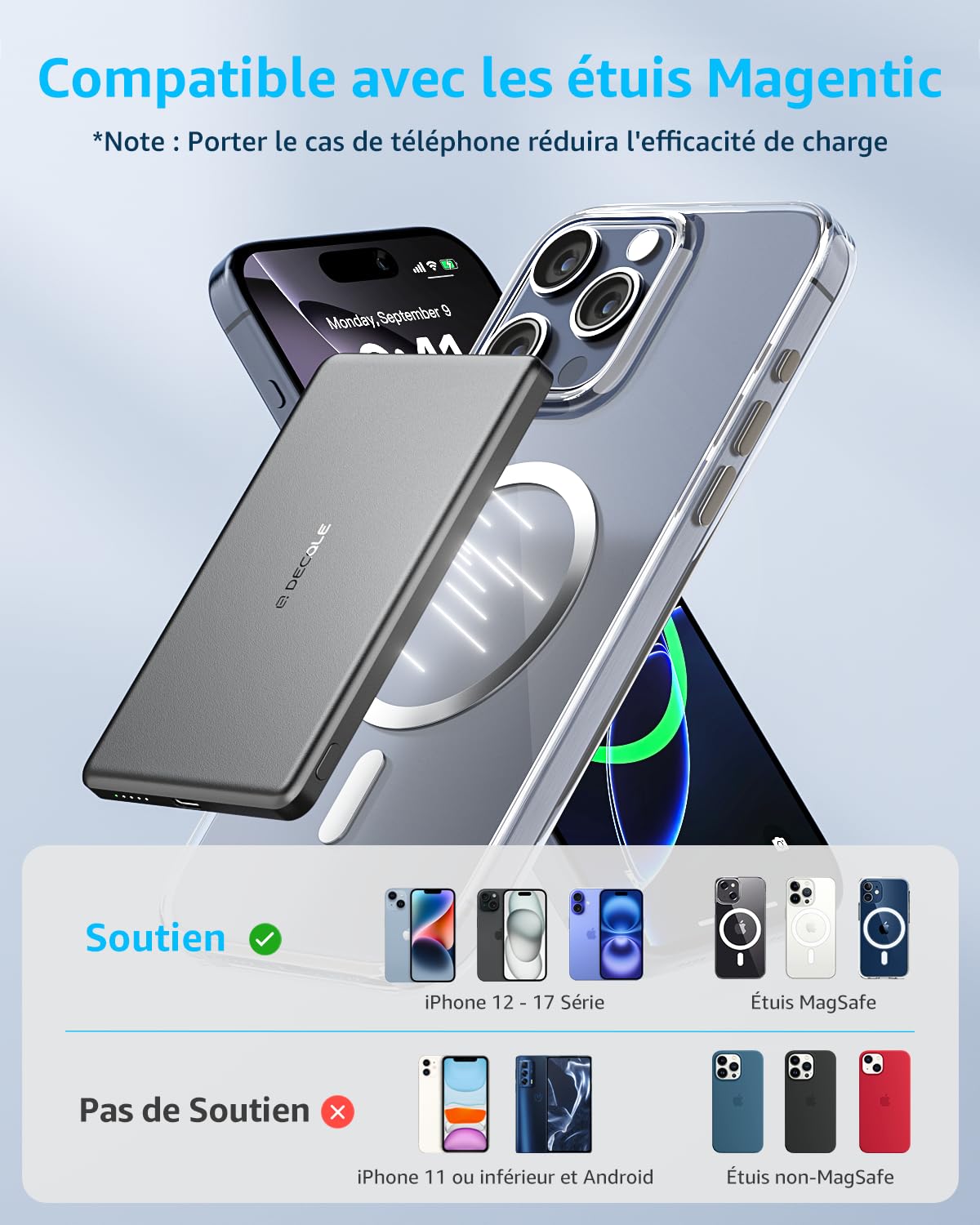 “Air” Batterie Externe Magnétique sans Fil Ultra Mince 5000mAh, Compatible avec MagSafe, Coque Rechargeable Batterie Externe, Uniquement pour Les Séries iPhone 17/16/15/14/13/12 (Gris)