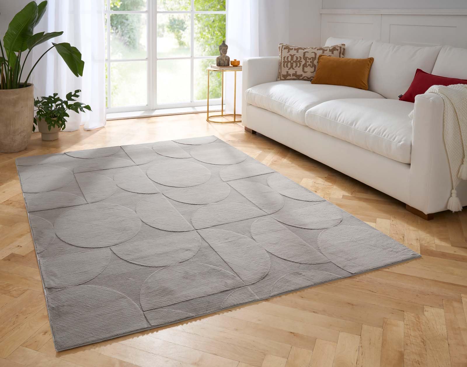 Taracarpet Weicher Kurzflor Designer Teppich in Hasenfell-Optik Supersoft ideal fürs Wohnzimmer Schlafzimmer und Kinderzimmer Kreise grau 080x150 cm