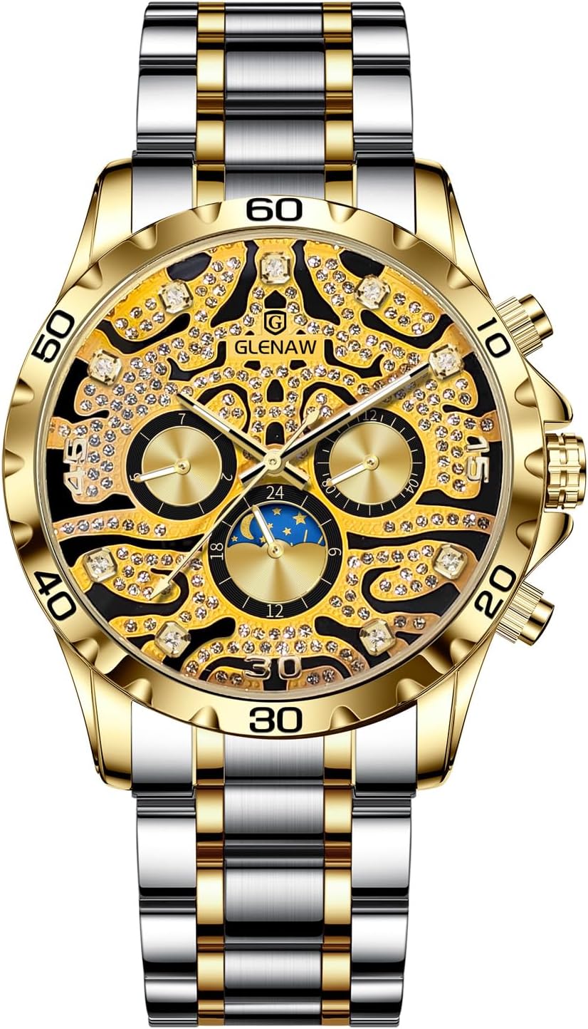 Automatic Watches for Men, Tiger Dial Rhinestone Scale Men's Waterproof Watch Stainless Steel Strap Gold Pattern 12 Hours Week Mechanical Watch
