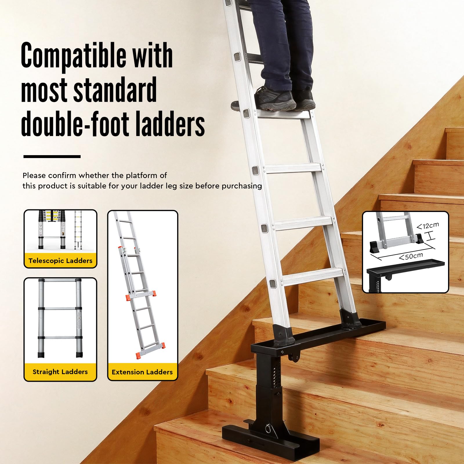 SWAWIS Plegable Extensor de Escalera de Acero Altura Ajustable 23,5-39cm, Nivelador de Escalera con Alfombrilla Antideslizante, Capacidad de Peso 150 kg, Dimensiones de Plataforma 54x13cm