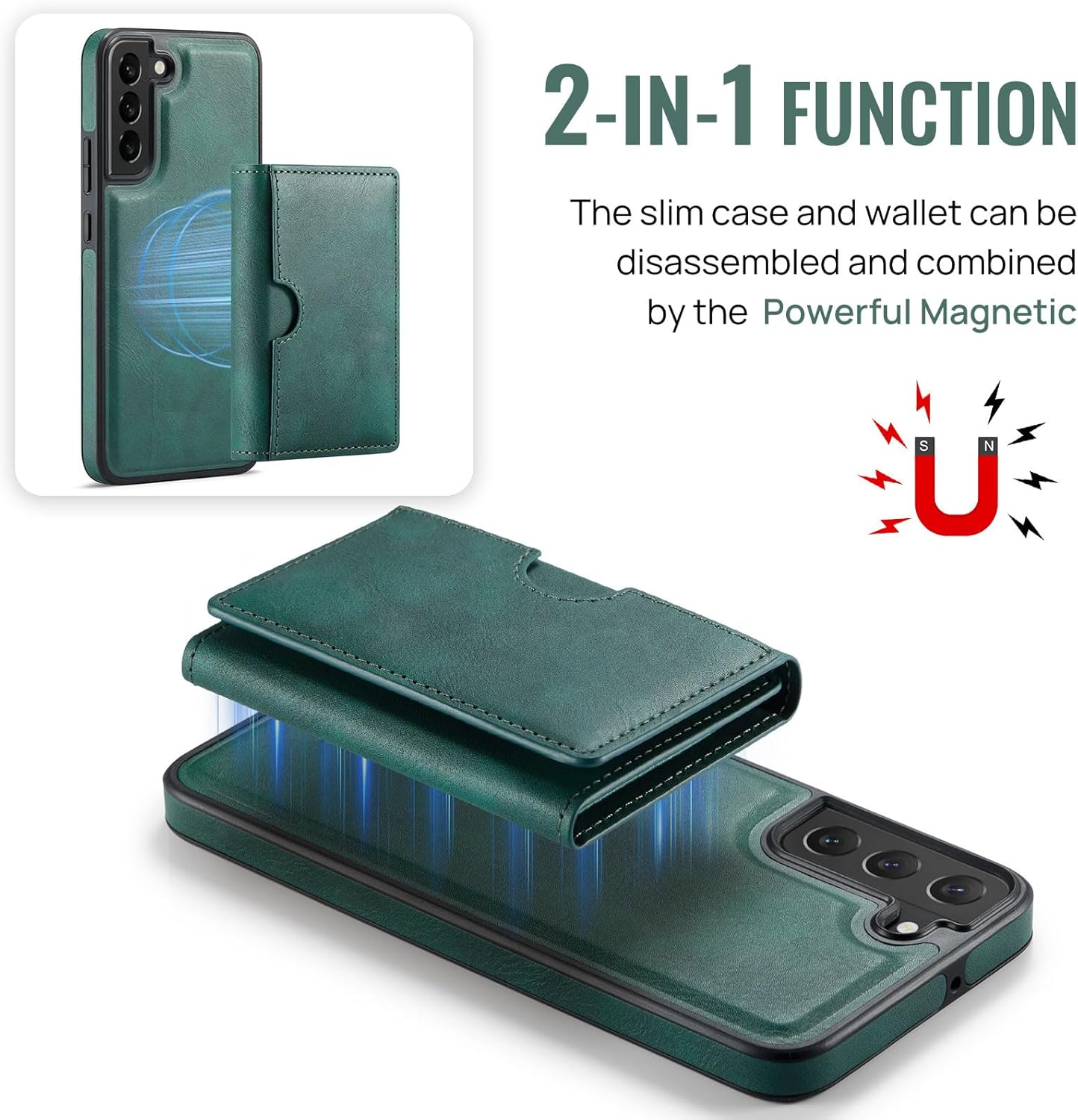 Asuwish Phone Case for Samsung Galaxy S22 5G Wallet Magnetic Detachable Cell Cover with Wireless Charging and RFID Blocking Credit Card Holder Flip Stand Rugged S 22 22S 4G G5 6.1 inch Women Men Green