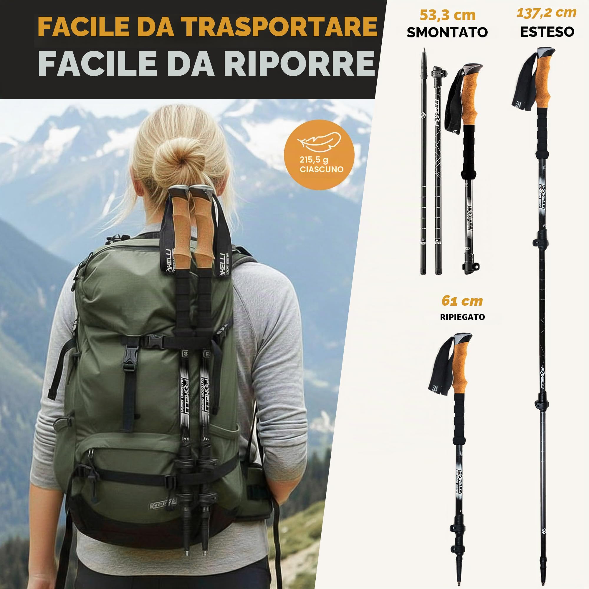 Foxelli Bastoni da trekking in fibra di carbonio, leggeri e pieghevoli, con impugnature in sughero naturale, chiusura a scatto, accessori per tutte le stagioni e tutti i terreni e borsa per il