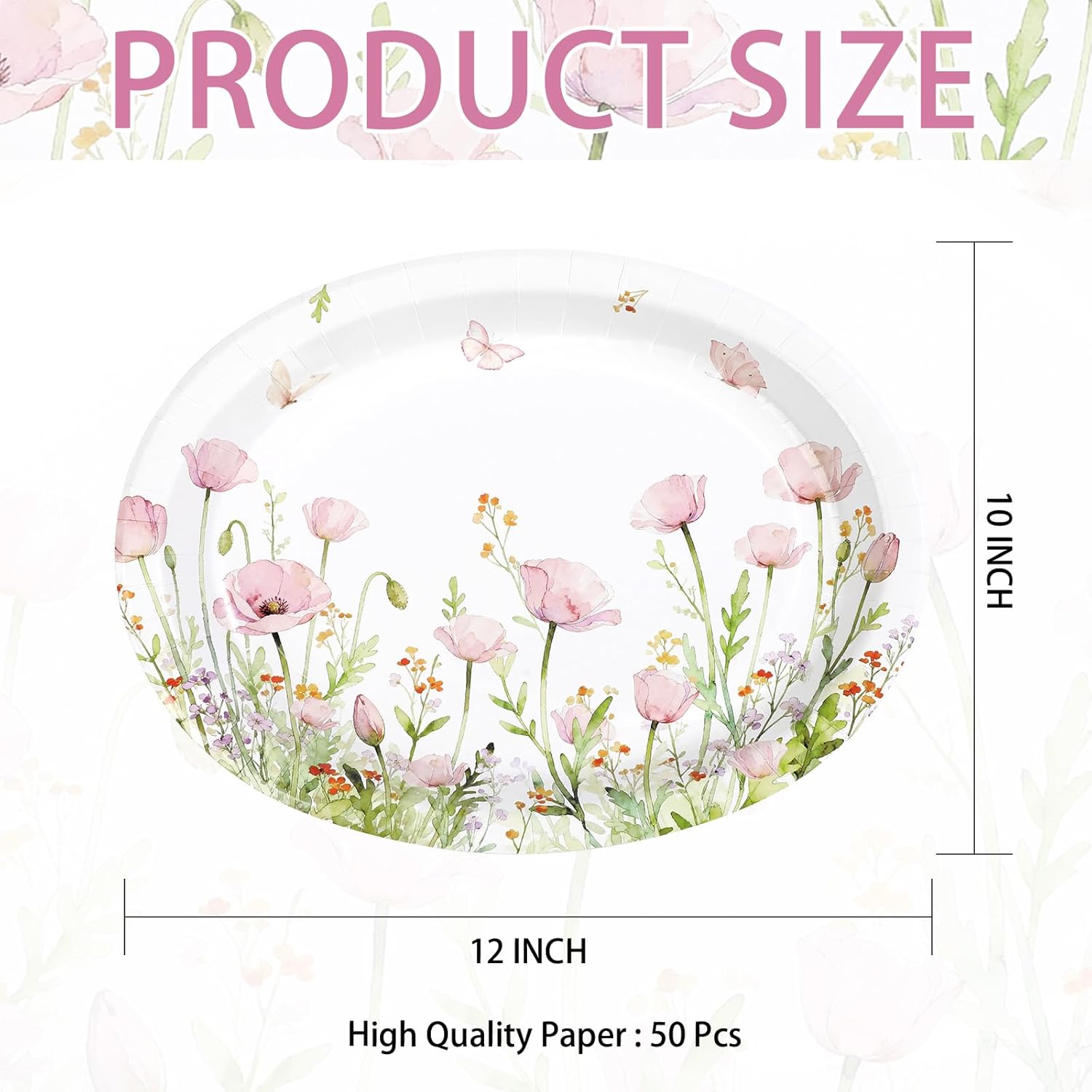 50Pcs Wildflower Oval Paper Plates 10" x 12" Large Disposable Pink Green Wildflower Heavy Duty Paper Platters Spring Butterfly Flowers Dessert Plates for Wedding Baby Shower Birthday Party Supplies