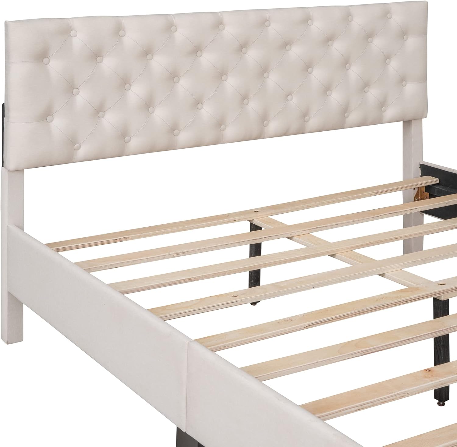 Queen Size Upholstered Linen Platform Bed Frame with Button Tufted Headboard, Strong Wood Slat Support, No Box Spring Needed, Easy Assembly (Beige@d)