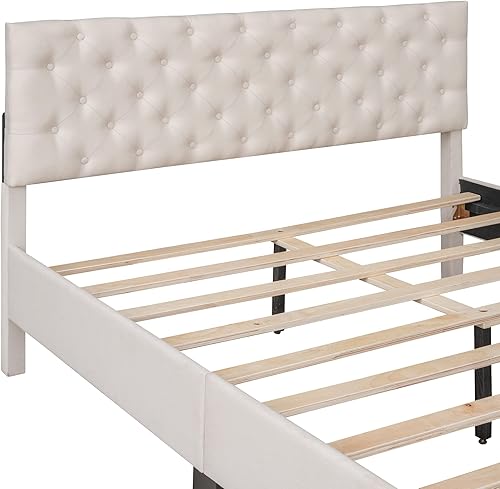 Miniatura 5 de DNYN Base de cama tapizada de lino tamaño Queen para niños, adolescentes y adultos, base de cama de madera maciza con soporte de tablillas, no