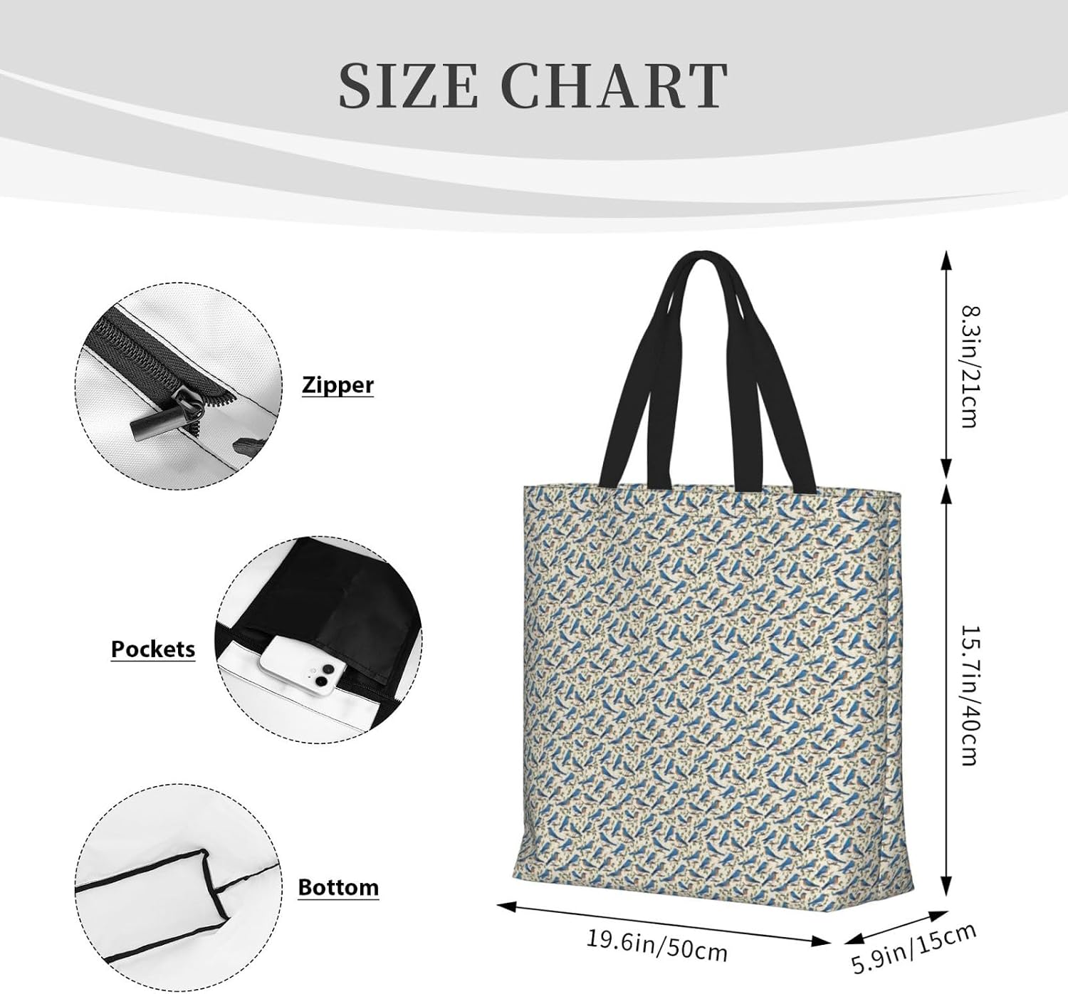 Bluebird Pattern 01 Print Eco-Friendly Tote Lightweight Grocery Bag Daily Commuting Travel Beach Gym Use