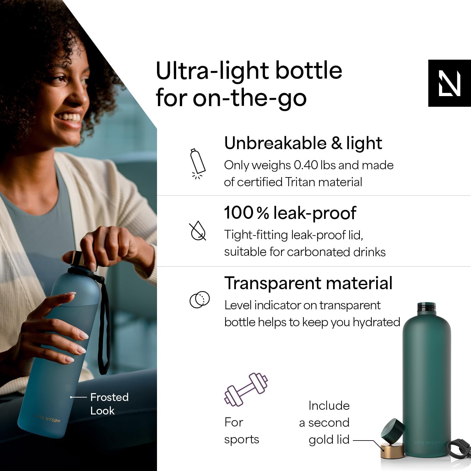 LARS NYSØM Water Bottle 51oz | Drinking Bottle 1.5Liter | Ultralight Tritan Sports Flask leak-proof | Ideal for sports, office, yoga | 2 lids included (Pine Green, XL 50.7oz)