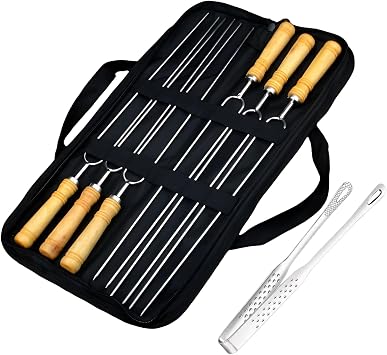 6+1 Pack BBQ Skewers for Grilling Set Include Grilling Clip & Storage Bag 16.5in Stainless Steel Skewers with Wooden Handle for Camping, Hot Dogs, Shish Kabob, Fire Pit, Picnic