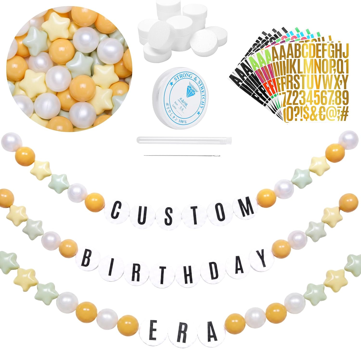 137Pcs DIY Giant Friendship Bracelet Teacher Table Banner Kits, Christmas Tree Decor with Letter STARBOLO Ball for Birthday Party DIY Supplies(Sage green cream yellow)