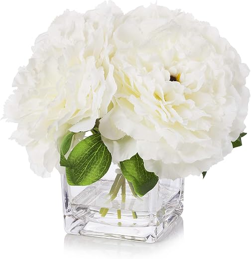 Silk Peony Flower Arrangement in Cube Glass Vase with Artificial Water for Home Table Wedding Centerpieces Decoration (Cream)