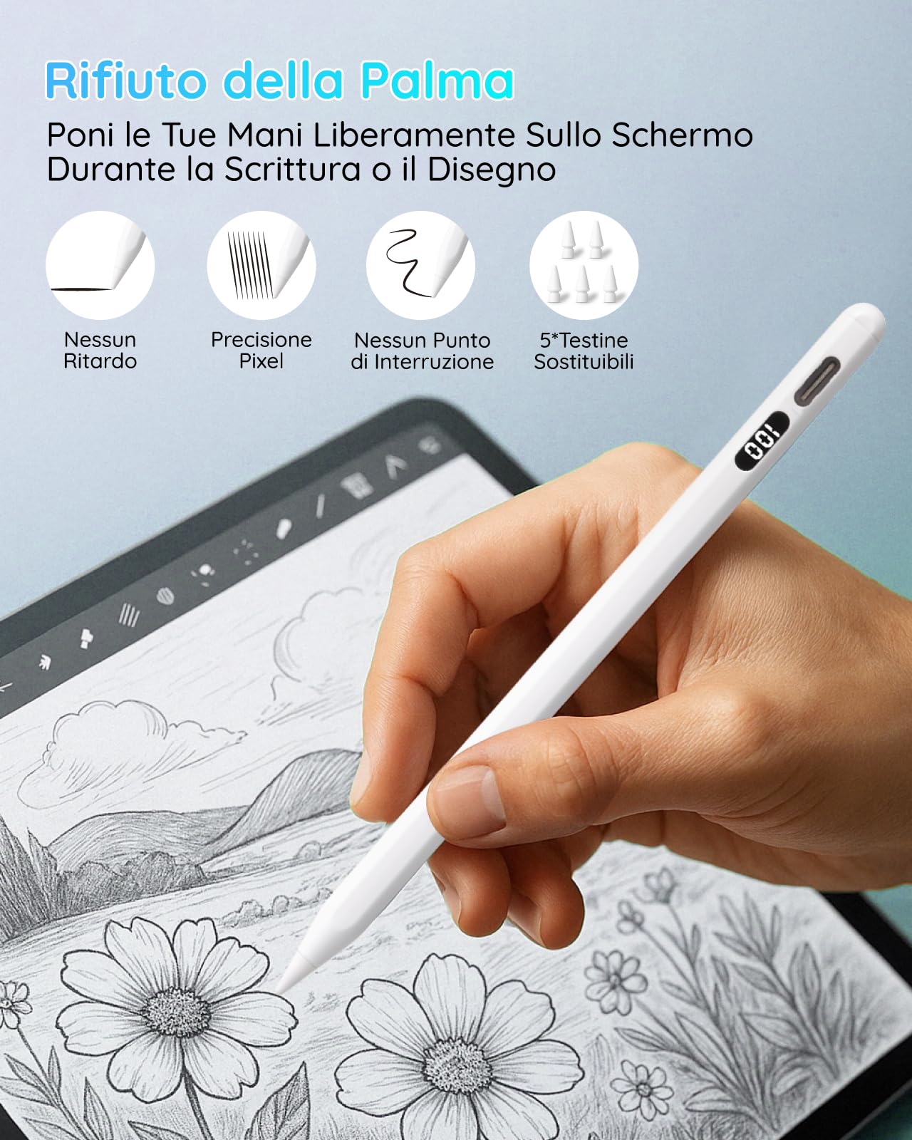Penna per Apple iPad 2018 – 2026 – Ricarica rapida USB C per i-Pad Pencil con Palm Penna per Apple iPad 2018 – 2026 – Ricarica rapida USB C per i-Pad Pencil con Palm