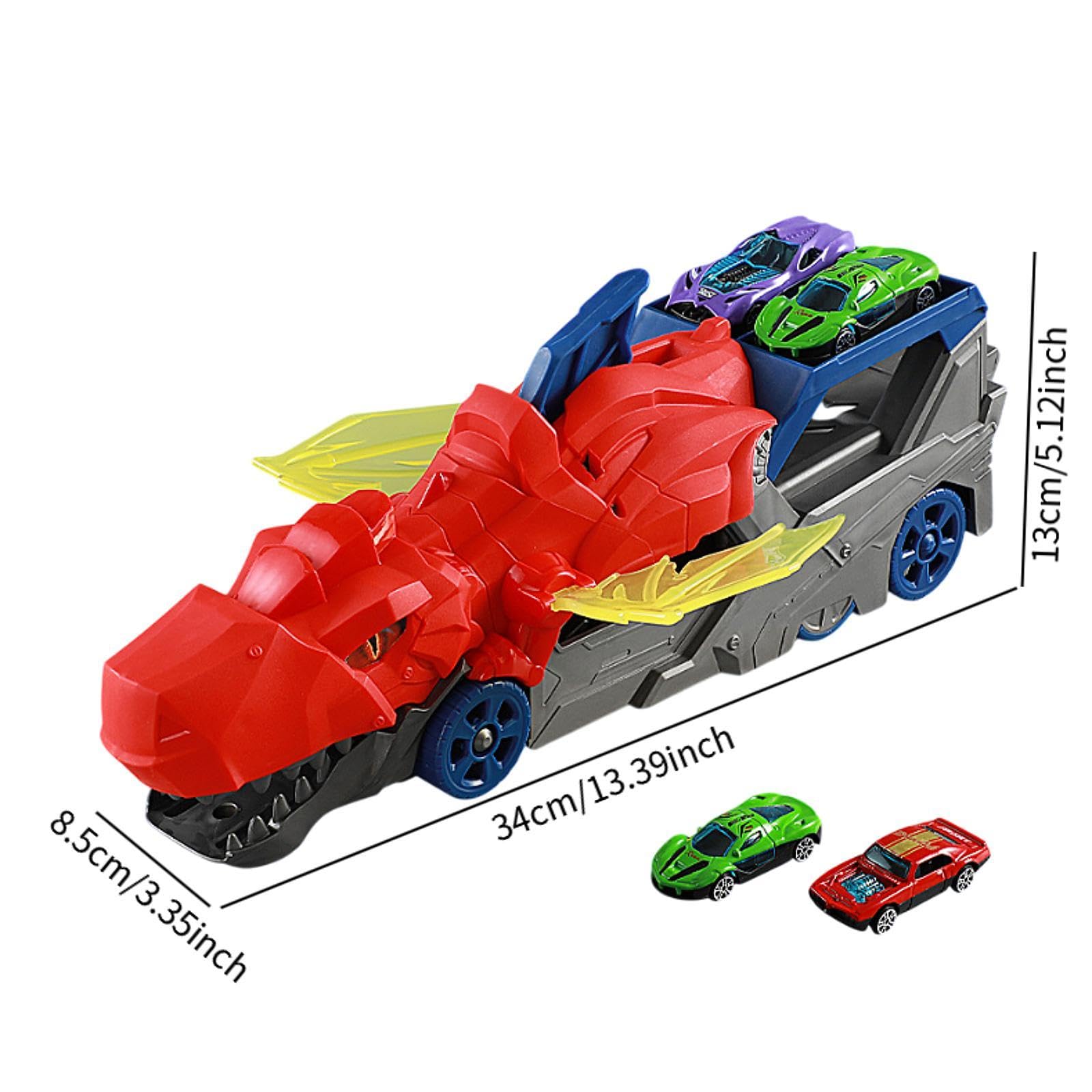 2 Pezzi Dinosaur Transport Truck Pista Veicolo Lanciatore Trasportatore Die-Cast E Camion Carrier Funzione Bocca Apribile Mobili, Rosso con 2 Auto