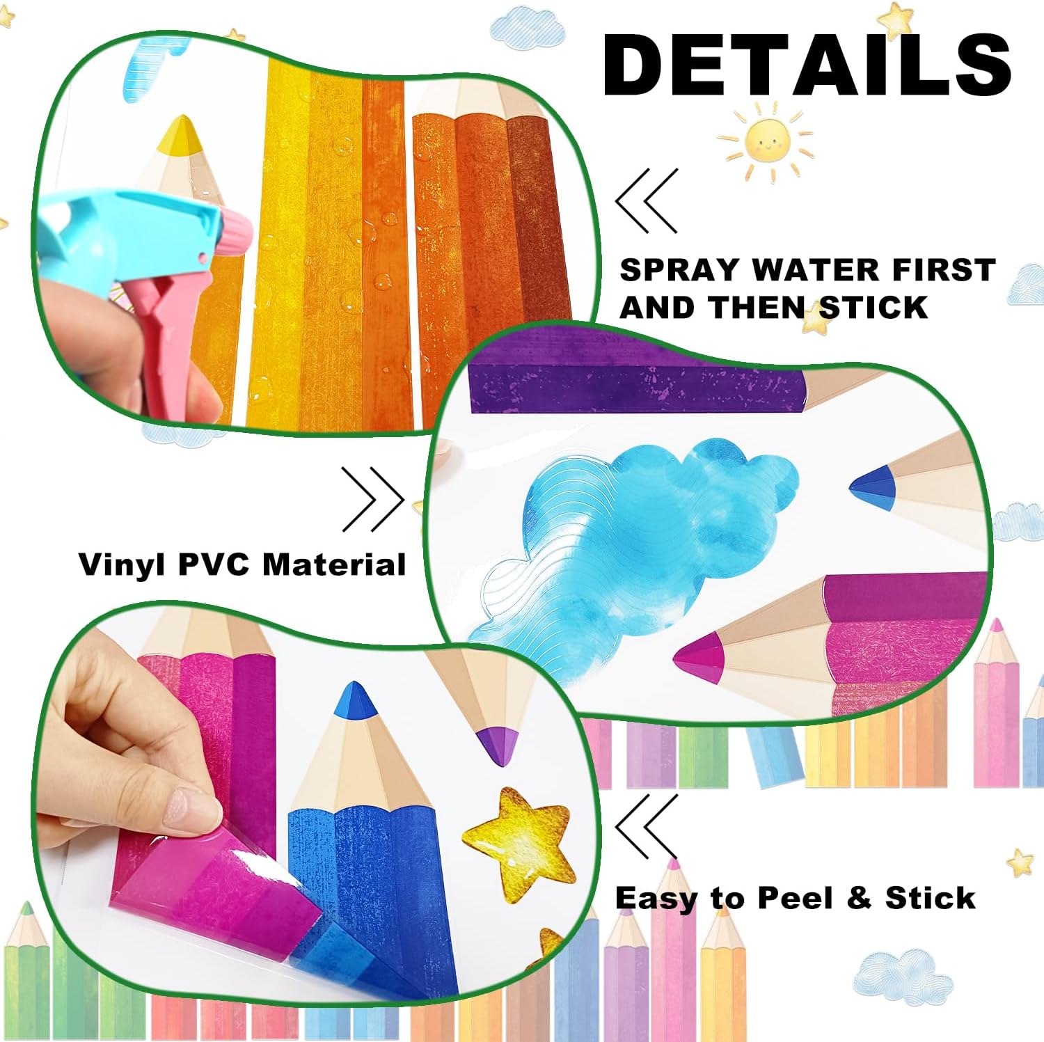 9 Sheets Colorful Pencils Window Clings Reusable Classroom Decor