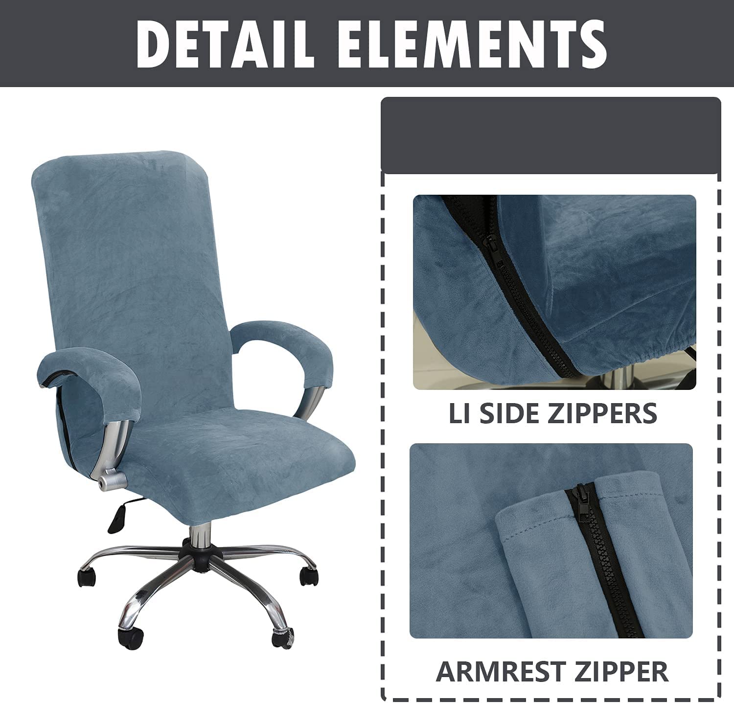 DKSLIPGO Velvet Office Chair Cover with Arm Covers - Stretch Universal Swivel Chair Covers (Medium, Gray Blue)
