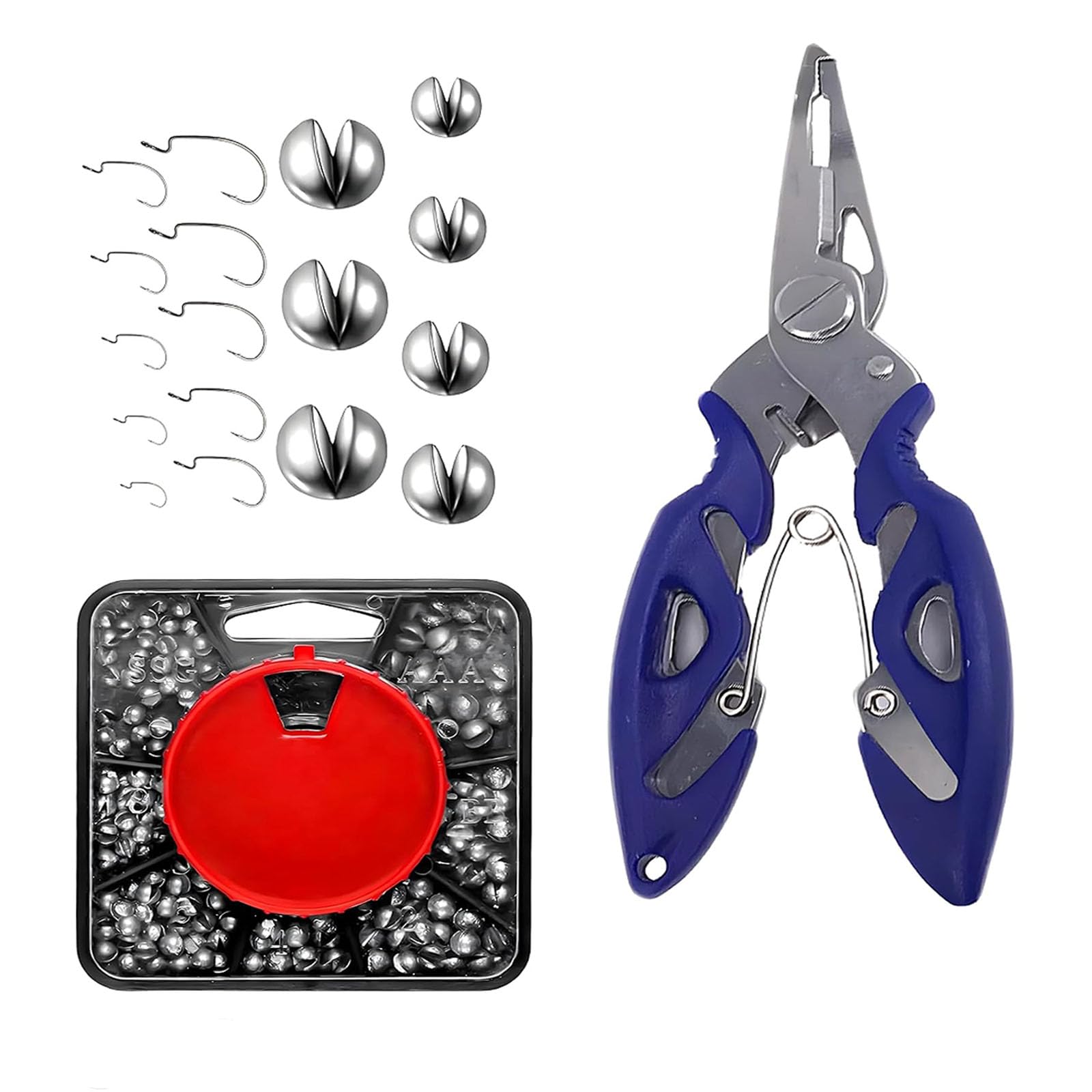 190PCS Fishing Tackle Kit with 179PCS Split Shot Fishing Weights, 1 Anti-Rust Pliers & 10 Crank Hooks, Durable Fishing Accessories for Lake, Coastal & Ice Fishing